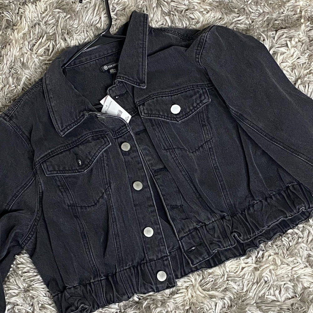 Versona Black ruffled blue Jean jacket